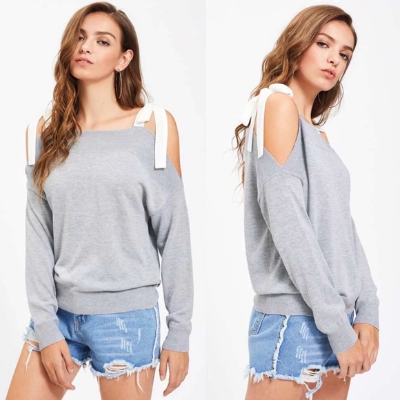 Forever 21 Sweaters - Cold Shoulder Contrast Ribbon Sweater Soft Heather Grey Size small